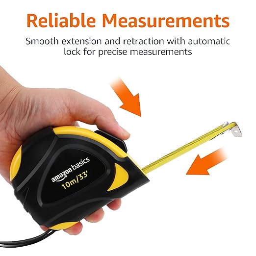 Amazon Basics Self-Locking Tape Measure, 33 feet (10 m), Inch/Metric Scale, MID Accuracy, Black, Yellow