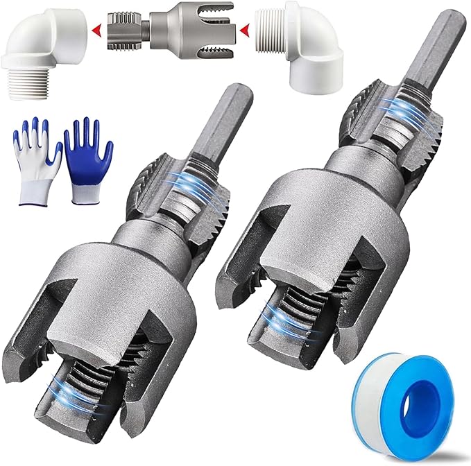 Integrated Internal & External Pipe Threading Tool, Pipe Thread Cutting Tool, Electric Drill Compatible 2 In 1 PVC Pipe Threader Kit, 1/2" 3/4" PVC Thread Maker Tool for Water Pipes (1/2’’ + 3/4’’)