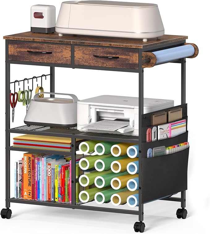 Rolling Craft Cart with 16 Vinyl Roll Holders, Craft Workstation Table with by SunexinloDirect