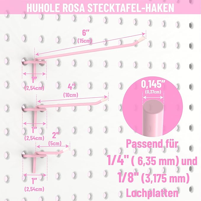 HUHOLE Pegboard Hooks 4 Inch 50PC, Pink Peg Board Hooks, Fit 1/4" or 1/8" Pegboard, Ideal Peg Board Organizer Accessories for Wall Display, Crafts Organization, Kitchen Organizer (Pink, 4 Inch)