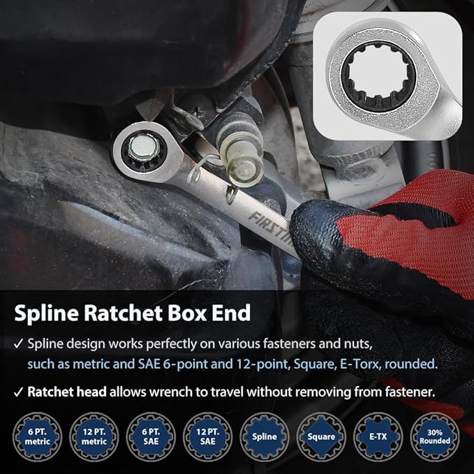 FIRSTINFO F3432SA Taiwan SAE Spline Box End Ratcheting Combination Wrench Set, Spanners with Anti-Slip V-Groove Open End | 5-piece | 72T | Lightweight | Mechanics Tray