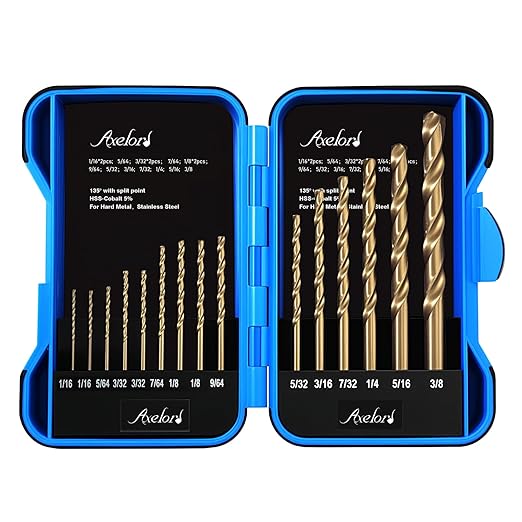 15Pcs Cobalt Drill Bit Set (1/16“-3/8”), M35 HSS, 135 Degree Tip, Twist Jobber Length for Hardened Metal, Stainless Steel, Cast Iron, Wood, and Plastics, with Index Storage Case