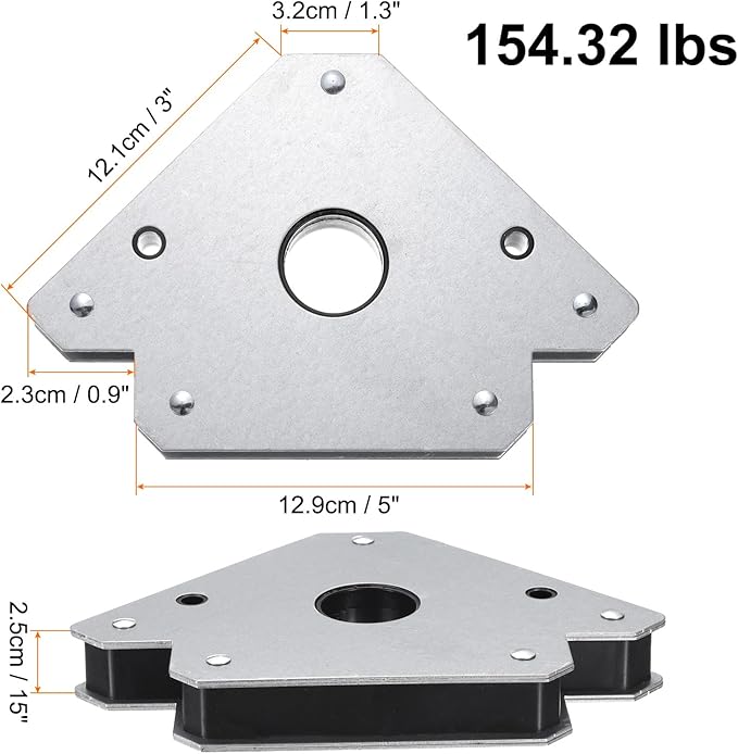 HARFINGTON 2pcs Welding Magnets 154.32 lbs Magnetic Welding Clamp Holder Galvanized Iron Arrow-Shaped Tool 45, 90, 135 Degree with Center Hole for Fixed Angles, Silver Tone