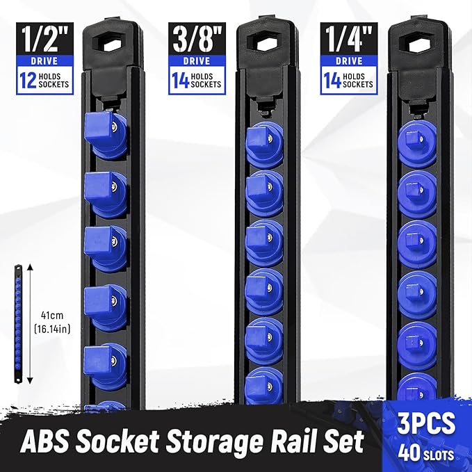 Magnetic Socket Organizer, 3-Piece Heavty Duty ABS Socket Holder, Socket Rail for Tool Box, Premium Quality 360° Swivel Socket Rack with 40 Clips for 1/2, 3/8, 1/4-Inch(Blue)