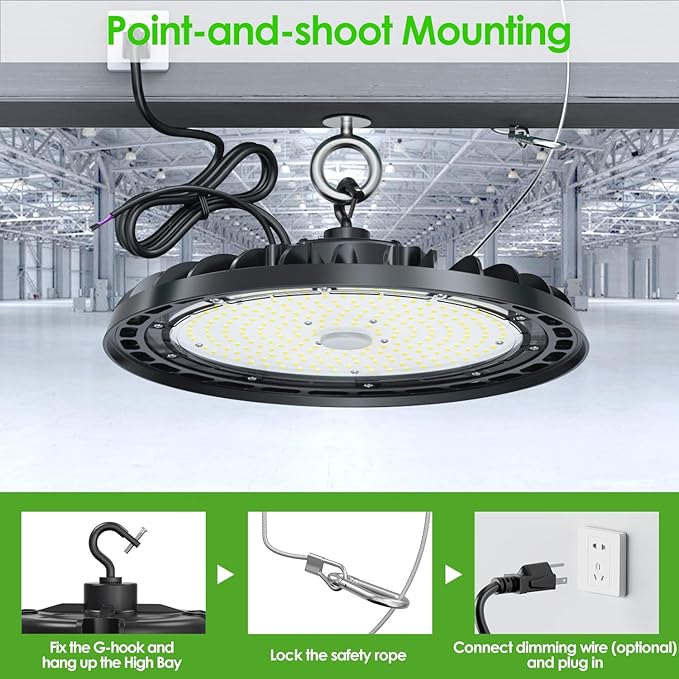 LED High Bay Light 240W, 12' UFO Commercial Lighting Fixture w/Isolated Power Supply, w/Plug for Garage Shop Warehouse Workshop, 5000k 35000lm Dimmable IP65 UL ETL Listed (1-Pack)