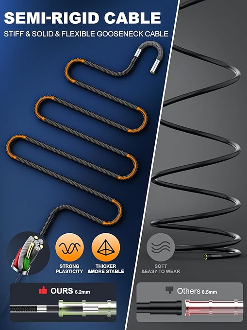 Articulating Borescope Camera with Light, 210° Dual-Direction Inspection Scope with 5" 1080P Screen, 6.2mm IP67 Waterproof Probe, 6 LED Lights, 3X Zoom, for Automotive, Sewer, Plumbing, HVAC