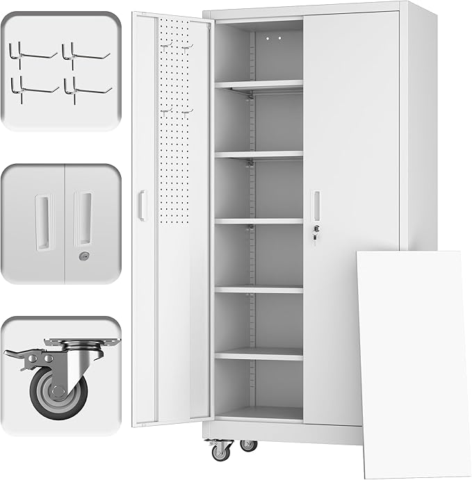 Aobabo Upgrade 71H''*32''W*16''D Metal Garage Storage Cabinet with Wheels and Pegboards, 5 Adjustable Shelves Steel Storage Cabinets for Home,Warehouse,Garage,Assembly Required,White