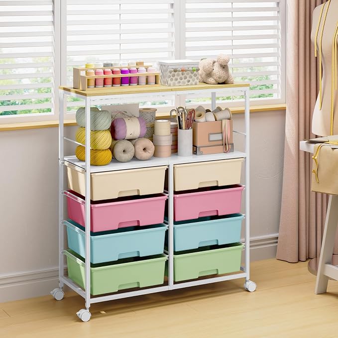 Rolling Cart with 8 Drawers, Storage Drawer Cart with Wooden Tabletop, Lockable - Image 6