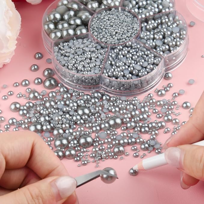 NACHLYNN 6480 Pcs Flat Back Pearl 7 Sizes Half Pearl Bead Silver Gray Half - Image 4