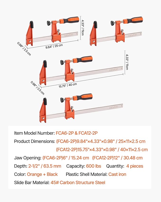 VEVOR Bar Clamps for Woodworking, 2-Pack 6 inch and 2-Pack 12 inch, Lockable F-Clamp with 600 lbs Load Limit, 2-1/2 inch Depth, Cast Iron and Carbon Steel, Wood Clamps for Woodworking Metal Working