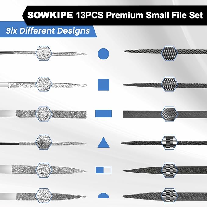 13Pcs Premium Small File Set, 6 Diamond Files, 6 Steel Files, Cleaning Brush & Carrying Case for Wood, Plastic, Jewelry, Leather, DIY
