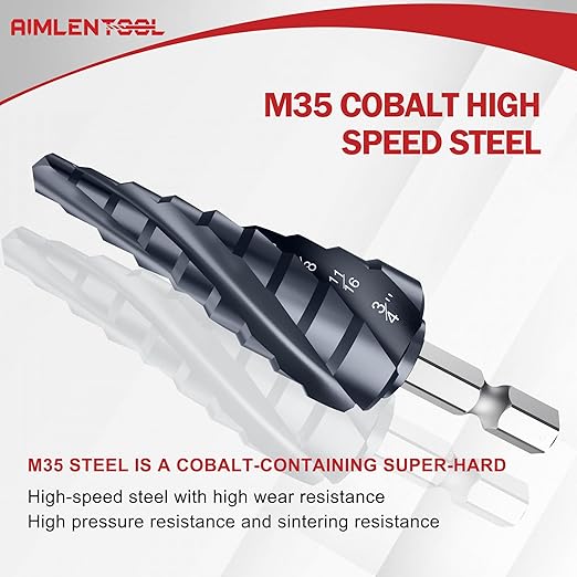 M35 Four Spiral Flute Cobalt Step Drill Bit Set 1/8"-7/8", Industrial Grade Wear-Resistant TiAlN Coated 1/4" Hex Shank Step Bit for Metal, Stainless Steel, Aluminum, Wood, Plastic (3pcs)