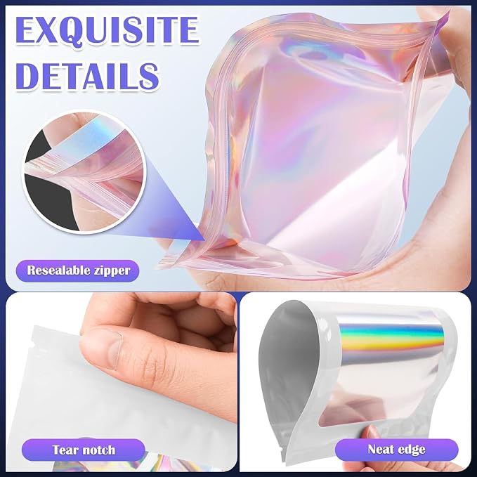 JETMORE 300 Pcs Mylar Bags, Smell Proof Bags Foil Pouch, Holographic Resealable - Image 5