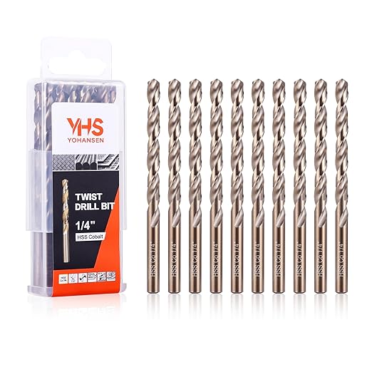 1/4 Inch Cobalt Drill Bits (10pcs), M35 High Speed Steel, 135 Degree Tip, Jobber Length Twist Drill Bit Set for Hard Metal, Stainless Steel, Cast Iron, Wood and Plastic, with Storage Case