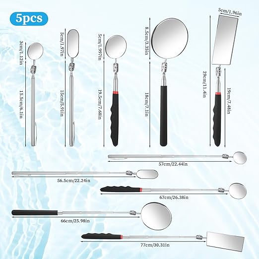 5 Pieces Retractable Mechanical Mirror Tool Telescoping Inspection Mirror Set 360 Rotation Mirrors Inspection Tool Stainless Steel Mirrors for Check Observe Vehicle, Car, Eyelashes, Small Parts