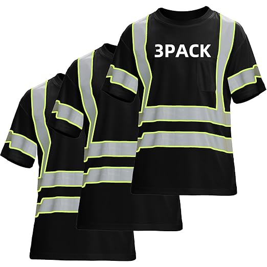 sesafety 3PACK High Visibility Shirts for Men, Class 3 Hi Vis Reflective Construction Shirts for Men with Pocket Safety T Shirts