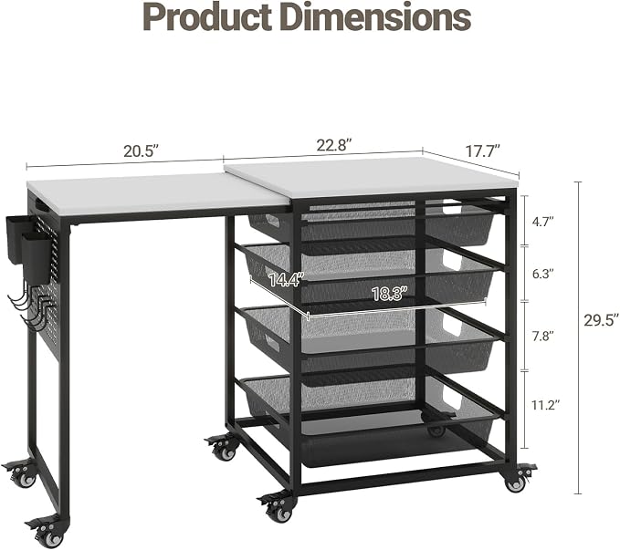 Craft Table with Wheels & Drawer, Extendable Cart with Pegboard, Arts and - Image 2