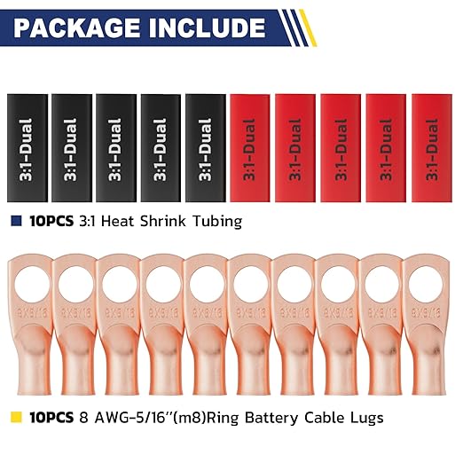 haisstronica 10pcs 8 AWG - 5/16" (M8) Battery Cable Lugs, Heavy Duty Copper Wire Lugs with 10pcs 3:1 Adhesive Heat Shrink Tubing, 8 Gauge Wire Connectors Battery Terminal Connector, Battery Cable Ends