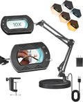 10X Round Magnifying Glass with Light and Stand, 2-in-1 LED Lighted Desk Lamp & Clamp, 5 Color Modes Stepless Dimmable, Hands-Free Magnifier Desk Lamp for Reading Craft Close Work B02DL05