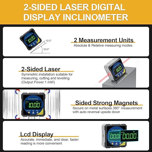 200 mm/8inch Digital Display Angle Ruler, Digital Angle Finder with Electronic Laser(Laser Output Power: 1 mW, Laser Class: I) and Digital Depth Gauge, for Woodworking, Home Renovation