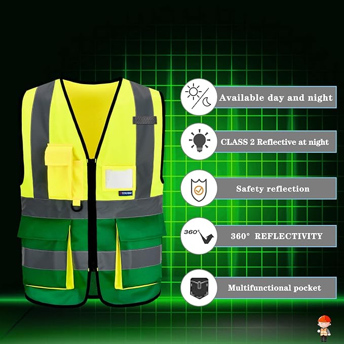 A-SAFETY Reflective Safety Vest, Hi Vis 9 Pockets High Visibility Zipper Front Safety Vest, Yellow&Green Color Mixed, L