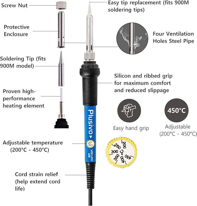 Soldering Iron Kit, 60W Adjustable Temperature 5-in-1 Solder Wire, Rosin Paste - Image 2