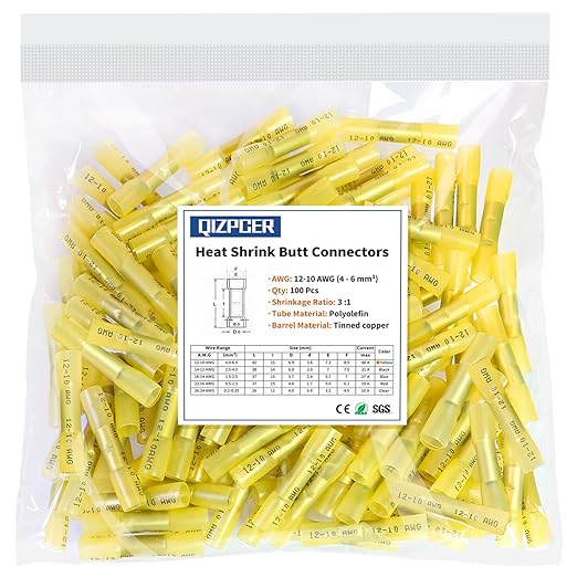 100 Pcs Yellow Heat Shrink Butt Connectors, 12-10 AWG Waterproof Crimp Terminals Electrical Wire Connectors Splice for Marine, Cable, Wiring Tool, Automotive