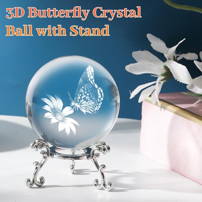 3D Butterfly Crystal Ball with Stand Lase Engraved Glass Sphere Paperweight - Image 4