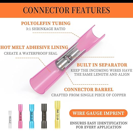525PCS Heat Shrink Butt Connectors Red 22-18 AWG, Insulated Waterproof Electrical Wire Connectors Marine Grade Tinned Red Copper Crimp Splice Terminals for Marine,Truck,Stereo