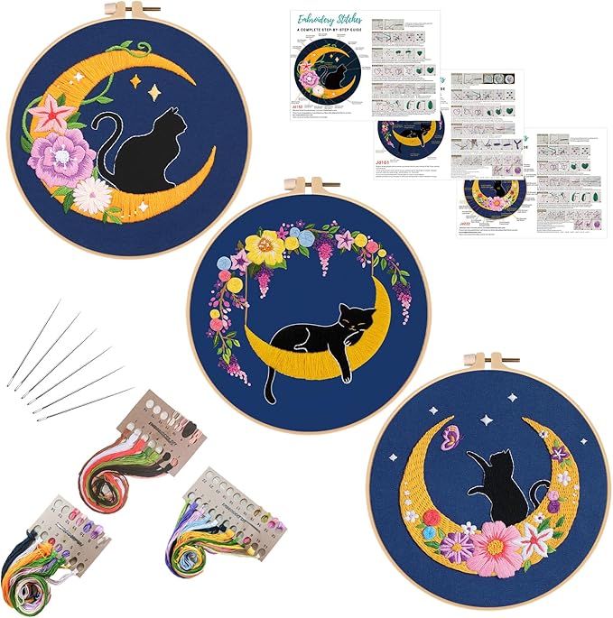 Louise Maelys 3 Sets Cat Moon Embroidery Kits by LouiseMaelys