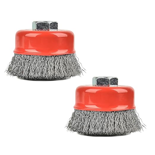 2PCS 3 Inch Carbon Steel Crimped Wire Wheel Cup Brush Set for Grinders, Coarse Crimped with 5/8-Inch-11 Threaded Arbor, Max RPM 12,500, Light-Duty Conditioning for Metal, Rust Removal, Abrasives
