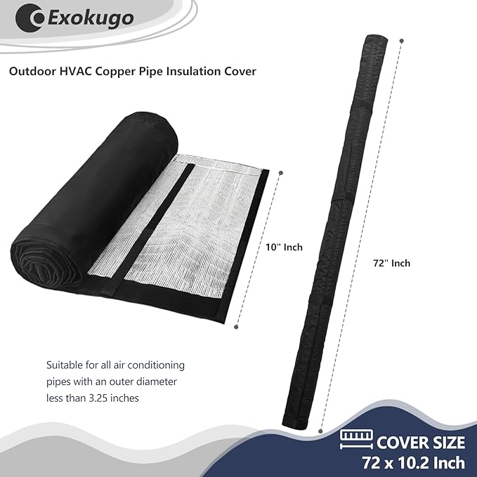 Outdoor 3-Layer HVAC Copper Pipe Insulation Cover,UV-Resistant 600D Oxford Cover for Outside AC Pipe Insulation,Weatherproof AC Line Sleeve Mini Split to Central Air,72" L×10.2" W,Black