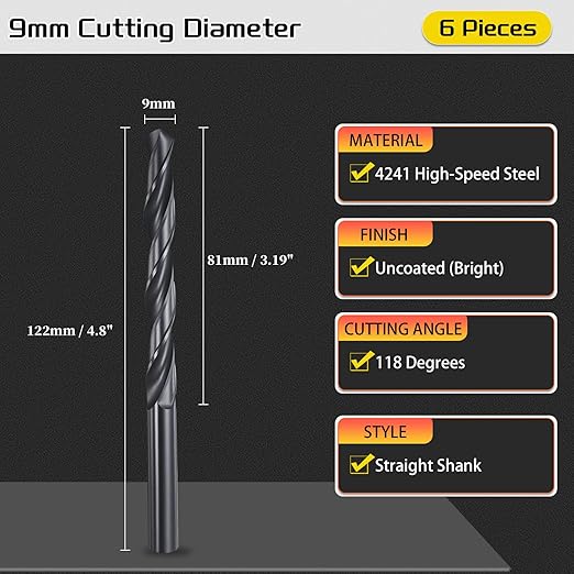 Drill Bit, 9mm Cutting Diameter, 4241 HSS Nitriding Black 118° Cutting Angle Versatile Jobber Bits - (Applications: for Drilling Plastic Wood Soft Metal), 6-Pieces
