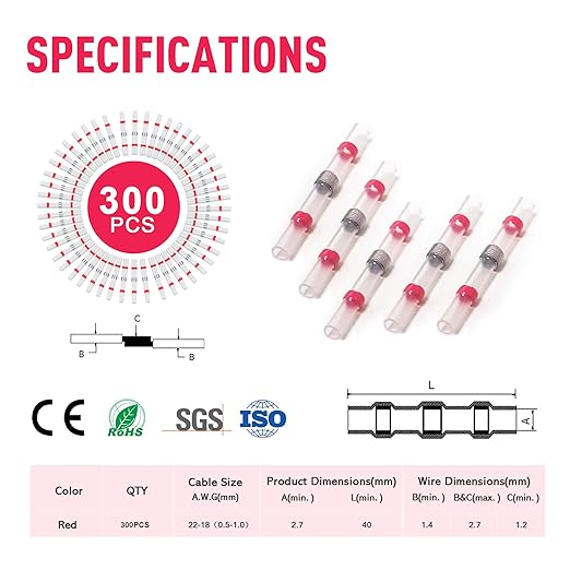 Kuject 300PCS Solder Seal Wire Connectors AWG 22-18, Red Solder Seal Heat Shrink Butt Connectors Terminals Solder Sleeve Waterproof Wire Splice Connector for Marine Automotive Boat Wire Joint