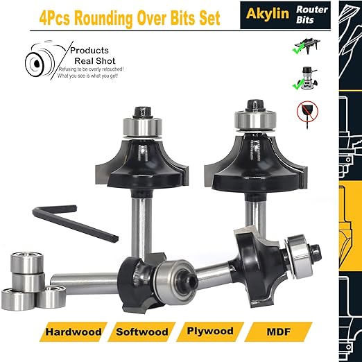 4Pcs Roundover and Beads Router Bits,Radius -1/8" ,1/4",5/16",3/8" Edge Forming Router Bit Set,1/4 Inch Shank,Corner Rounding Router Bits,Matched with 4pcs Alternative Beading Bearings