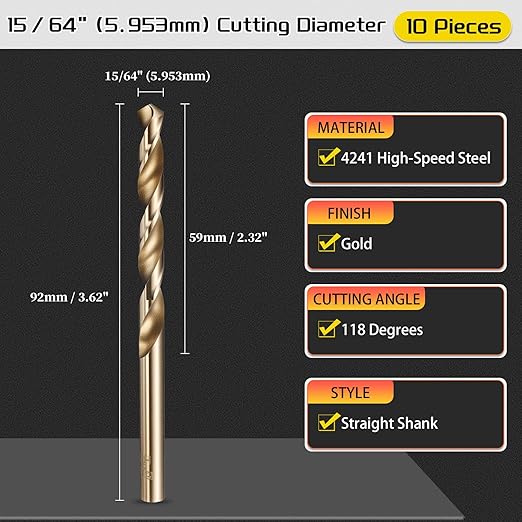 Drill Bit, 15/64" Cutting Diameter (5.953mm), 4241 HSS Gold 118° Cutting Angle Versatile Jobber Bits - (Applications: for Drilling Plastic Wood Soft Thin Metal), 10-Pieces