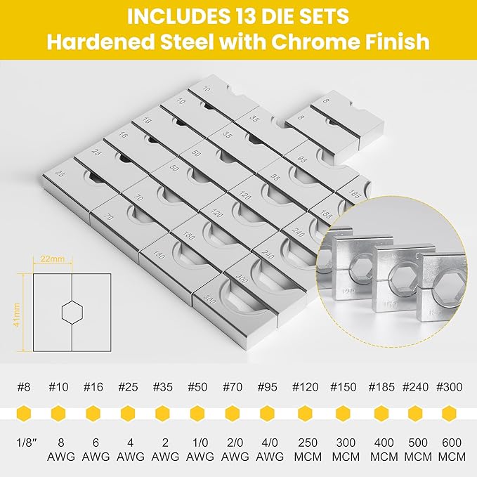 16 Tons Hydraulic Wire Crimping Tool Battery Cable Lug Terminal Crimper With 13 Pairs of Dies, 9AWG to 600MCM Crimping Tool