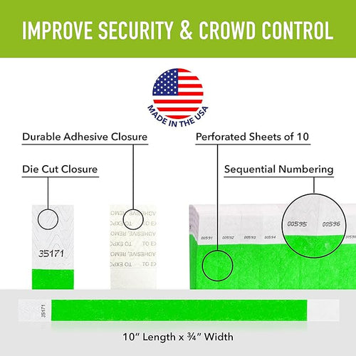 1,000 WristCo Neon Green Tyvek Wristbands for Events - Tamper-Proof Design & Fluorescent Color Prevent Reuse Premium-Grade Bracelets for Hospital & Medical ID, Party & VIP Identification
