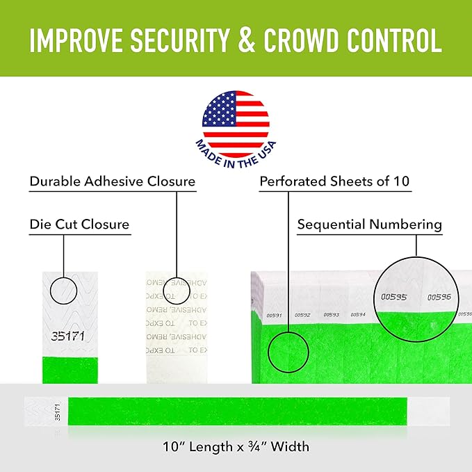 1,200 WristCo Neon Green Tyvek Wristbands for Events - Tamper-Proof Design & Fluorescent Color Prevent Reuse Premium-Grade Bracelets for Hospital & Medical ID, Party & VIP Identification