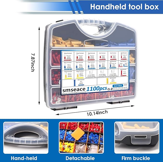 smseace 1100Pcs Crimp Wire Connectors with Crimping Tool Packed in Handheld box 22-10AWG Insulated Crimp Spade/Fork/Ring/Butt Electrical Speaker Wire Connector