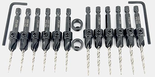 FTG USA Countersink Drill Bit Set for Wood with Tapered Drill Bit 6 Pc #4 (7/64"), 6 Pc #6 (9/64")