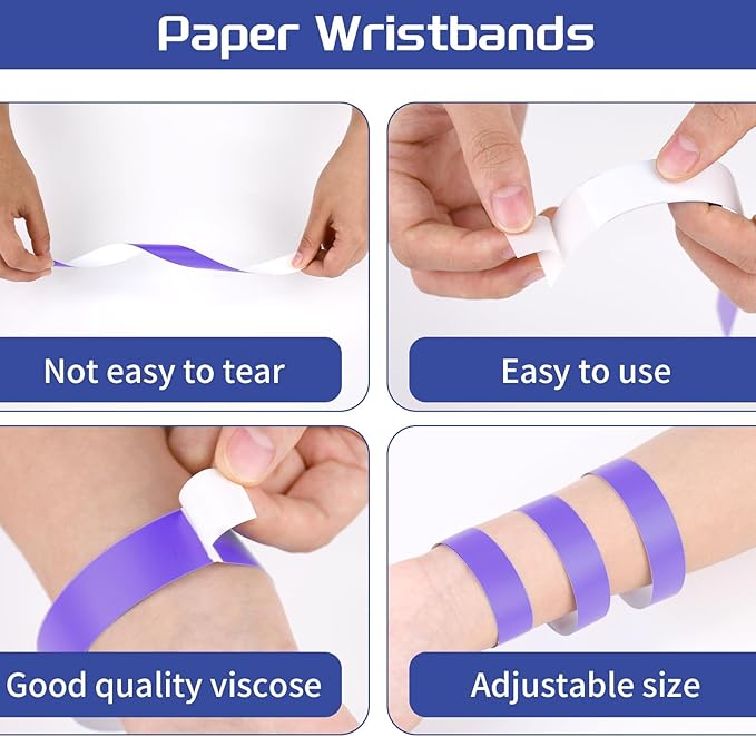 2000 Pcs Paper Wristbands for Events Waterproof Neon Purple Wrist Bands Adhesive Concert Identification Wristbands Hand Bands for Events(Purple)