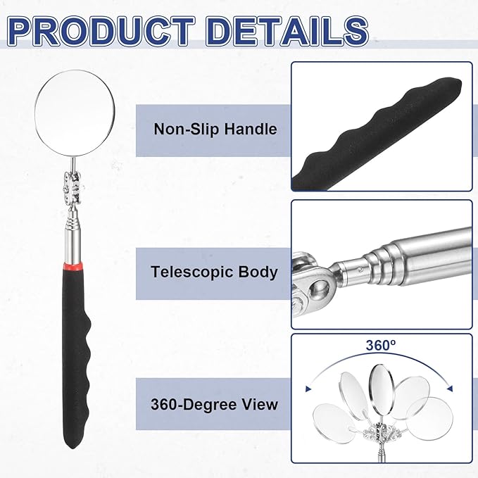 HARFINGTON Telescoping Inspection Mirror 2" Round 9.4" to 28.7" 360 Degree Stainless Steel Inspection Swivel Head Extendable Mirrors with Pocket Clip for Technicians Mechanics, Black