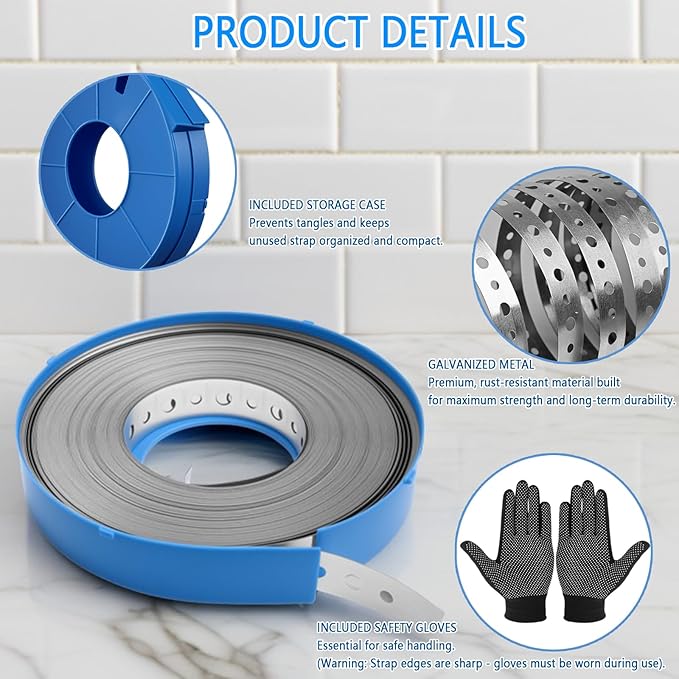 Galvanized Metal Pipe Strap 3/4" x 100 FT, 32-Gauge - Metal Hanger Strapping with Holes for Pipe Support, Flexible Trimming | Includes Storage Case & Gloves
