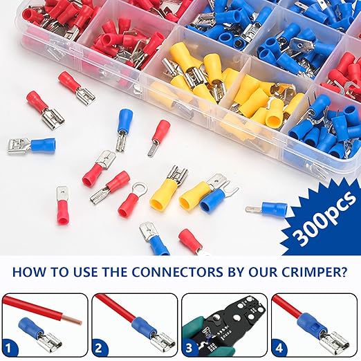 Tnisesm 300Pcs Spade Connector,Crimp Connectors 2.8mm 4.8mm 6.3mm Male and Female Spade Connector kit, 16 Types Crimp Terminals Electrical Connectors Includes Spade Ring Fork Wire Connectors