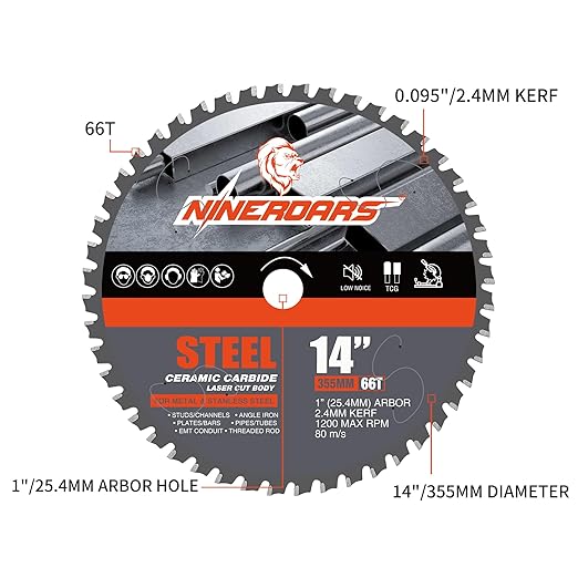 14 Inch 66-Teeth Metal Chop Saw Blade, Industrial Grade, Cermet Tipped Carbide, Dry Cut Ferrous Metal for Chop Saw, Table Saw