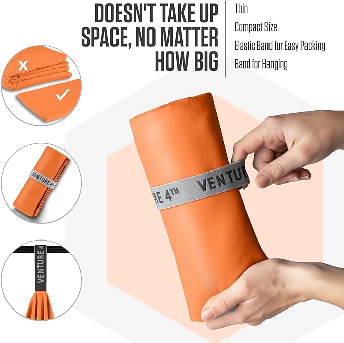 VENTURE 4TH Quick Dry Towel. Microfiber Travel Towel Ideal for Camping, Hiking, Backpacking, Gym. Lightweight & Fast Drying Travel Towels for Body. Compact & Easy to Pack - Orange Large