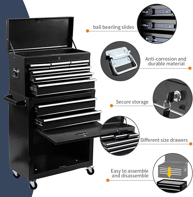8-Drawer High Capacity Rolling Tool Chest with Wheels, Big Tool Storage Removable Tool Box Combo, Tool Storage Cabinet