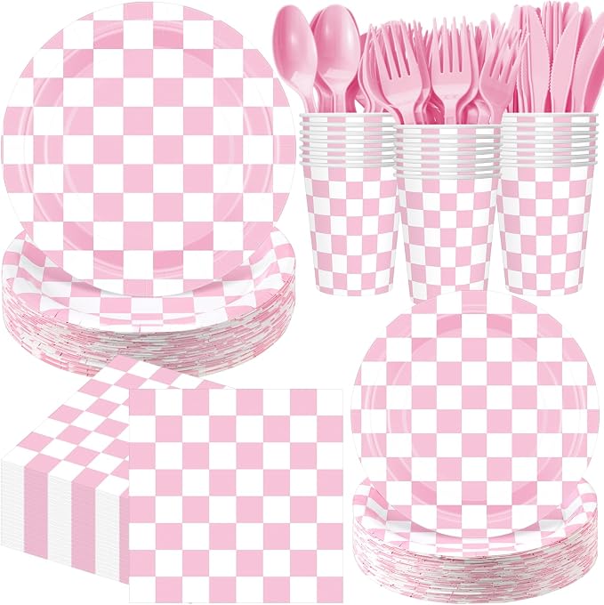 Pickmesh 400 Pcs Pink and White Checkered Party Decorations Set Light Pink by Pickmesh