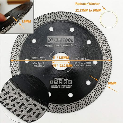 DT-DIATOOL 5 Inch Tile Cutting Blade Porcelain Ceramic Pack of 5 with Mesh Turbo Diamond Segment